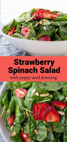 strawberry spinach salad with poppy seed dressing in a white bowl on a blue table cloth