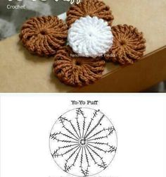 the crocheted flower is sitting on top of a cardboard box and it's instructions are below