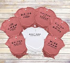 six t - shirts with the names of seven different brands on them, arranged in a circle