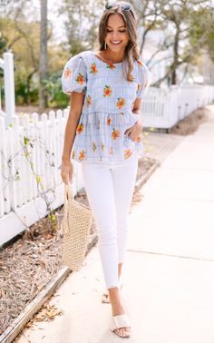 Make your style fantasies a reality with this Floral Dreams Light Blue Textured Blouse. Featuring a delicate floral pattern and a babydoll cut, this flirty, feminine piece will make you feel like you're living in a dream! A sweet yet stylish addition to any wardrobe. This blouse features short puff sleeves, a round neckline, peplum detail, and a floral print. Textured Blouse, Yellow Floral Dress, Blue Floral Blouse, Floral Print Blouses, Ruffled Sleeves, Business Casual Outfits, Yellow Floral, Floral Blouse, Floral Print Dress