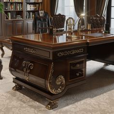 an elegant desk in the middle of a large room with bookshelves and chairs