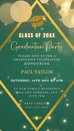 Green Gold Glitter Graduation Video Invitation, customizable via Canva, featuring green and gold design elements, including a gold graduation cap and white circle with gold stripe. Graduation Video, Graduation Invitation Cards, Gold Graduation Party, Grad Announcements, Graduation Invitations Template, Grad Invitations, Invitation Diy, Graduation Party Invitation, 2024 Graduation