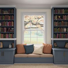 a window seat with bookshelves and pillows in front of a window filled with books