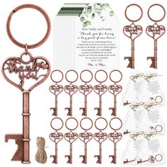 an assortment of keys and key rings are shown