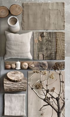 a collage of different types of pillows and blankets with tree branches in the middle