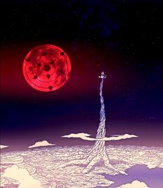 an illustration of a tall tower in the middle of clouds with a red moon behind it