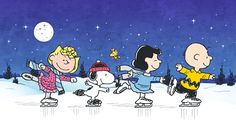 a group of cartoon characters skating in the snow