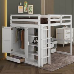 a white bunk bed sitting on top of a hard wood floor next to a dresser