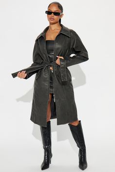 Available In Charcoal. Washed Faux Leather Trench Collar Full Multi Way Zip Long Sleeve Tie Waist Front Pockets Lined Disclaimer: Due To The Specialized Wash, Each Garment Is Unique. Shell: 51% Polyurethane 49% Polyester Lining: 100% Polyester Imported | Beau Washed Faux Leather Trench in Charcoal size Medium by Fashion Nova