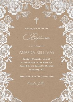 a brown and white wedding card with lace on it, featuring an image of a cross