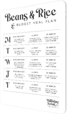 the beans and rice budget meal plan is shown in black and white, with an image of