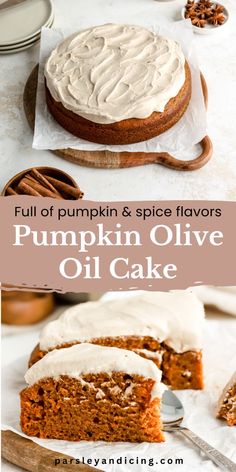 pumpkin and spice flavored cake with cream cheese frosting on top is shown in this collage