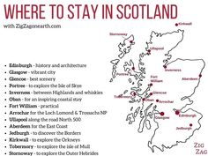 a map showing where to stay in scotland with the names and cities on it's side