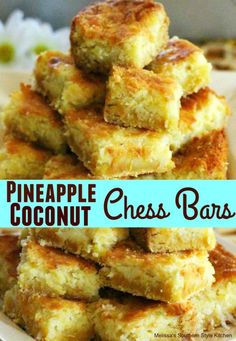 pineapple coconut chess bars stacked on top of each other in front of a plate