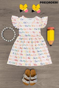 White Alphabet Dress Dress Sparkle In Pink Abc Patterns, Sparkle In Pink, Alphabet Print, Back To School Outfits, Ruffle Sleeves, Girls Headbands, Sleeve Designs, School Outfits, Toddler Activities