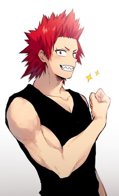 an anime character with red hair and piercings on his chest, posing for the camera