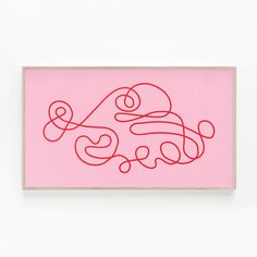 a pink painting with red lines in the shape of a car on a white wall