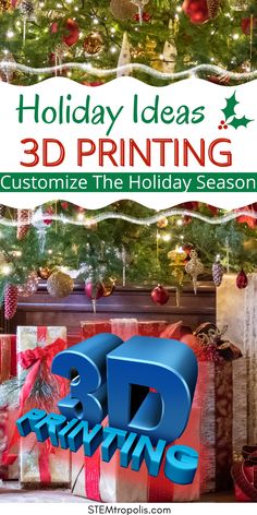 a christmas tree with presents under it and the words 3d printing in front of it