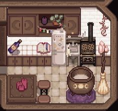 the kitchen is clean and ready to be used in this pixel art style video game