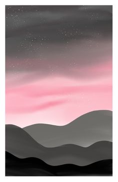 a pink and grey sky with mountains in the foreground, stars in the background