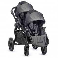 the baby stroller has two seats and is black with grey linings on it