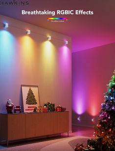 a christmas tree is lit up in the corner of a room with lights on it