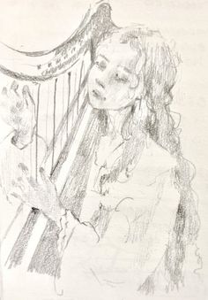 a drawing of a woman holding a harp