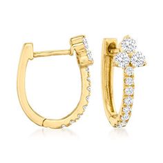 Ross-Simons - .50ct t.w. Diamond Huggie Hoop Earrings in 14kt Yellow Gold. 1/2". Huggie hoop earrings are effortlessly stylish and a must-have choice for their versatility and easy-to-wear nature. This pair boasts .50 ct. t.w. round brilliant-cut diamonds that form chic clover trios at the tops and continue to trail down the loops with icy sparkle. Set in polished 14kt yellow gold. Hanging length is 1/2". Hinged post, diamond huggie hoop earrings. Diamond birthstones are the perfect gift for Apr Diamond Hoop Earrings Medium, Loop Earrings Gold, Jewellery Wishlist, Hoop Earrings Diamond, 3d Earrings, Band Tattoos, Emerald Necklace Pendant