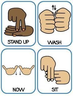 four pictures with different gestures and words in each one's hand, including the word stand up wash