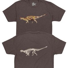 Our Euoplocephalus dinosaur t-shirts are the ultimate gift for dinosaur enthusiasts! These cool dinosaur shirts for men and women are unisex, tagless, and made from an ultra-soft cotton-poly blend, featuring a full-color Euoplocephalus on the front and the dinosaur's fossil on the back. All of our adult dinosaur shirts are limited-edition, fashion-fit, and collectible quality. So, if you're looking for a unique gift for a paleontologist or dinosaur lover, our Euoplocephalus shirt is the perfect Dinosaur Shirts, Cool Dinosaurs, Dinosaur Shirt, Dinosaur Fossils, The Ultimate Gift, Fashion Fits, Shirts For Men, Dinosaurs, Fossil