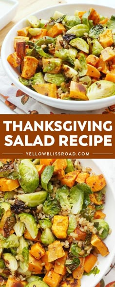 this thanksgiving salad is loaded with roasted brussel sprouts and sweet potatoes