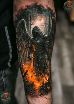 a man with an angel tattoo on his arm is shown in the image, and it appears