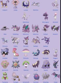 an image of pokemon characters in different colors and sizes, with the names on them