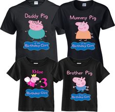 three shirts with pep the pig and his brother's birthday girl on each shirt