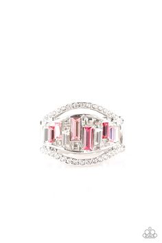 White rhinestone encrusted bands flank a row of emerald cut glass beads in shades of pink and white for a regal look. Features a stretchy band for a flexible fit.

 Sold as one individual ring. Paparazzi Accessories Jewelry, Mobile Boutique, Rhinestone Ring, Paparazzi Accessories, Rings Cool, White Rhinestone, Bling Rings, Pink Ring, Paparazzi Jewelry