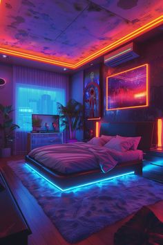 a bedroom with purple and blue lights on the ceiling