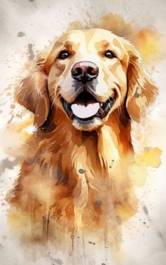 a watercolor painting of a golden retriever dog's face with his tongue out