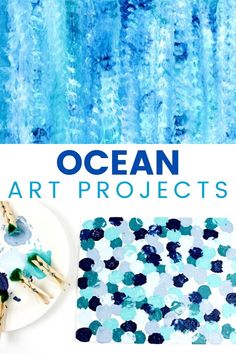 an ocean art project with blue and green watercolors on it, including popsicle sticks