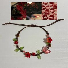 a bracelet with flowers, leaves and beads hanging from it's side on a white wall