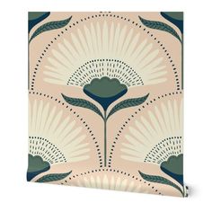 an art deco style wallpaper with green and beige flowers on the front, against a light pink background