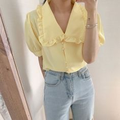 SIZE TABLE Measurement in CM SIZE Length Bust Sleeve Shoulder S 57 94 27 31 M 58 98 28 32 L 59 102 29 33 XL 60 106 30 34 NOTE: 1.Please strictly follow the size chart to select the size. Do not select directly according to your habits. 2. The size may have 2-3 cm differs due to manual measurement. Please note when you measure. Spring Blouse With Cute Collar, Trendy Ruffled Collar Top, Cute Collared Blouse With Ruffles, Cute Doll Collar Summer Blouse, Cute Doll Collar Blouse For Summer, Casual Doll Collar Blouse For Summer, Casual Fitted Blouse With Doll Collar, Trendy Doll Collar Top For Summer, Cute Yellow Spring Blouse