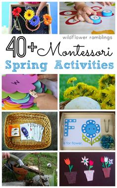 the words 40 + montessoi spring activities with pictures of flowers and other things