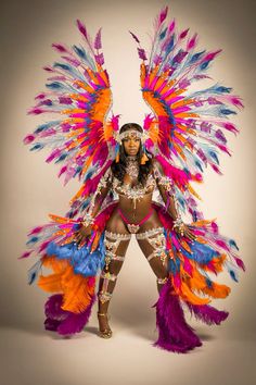 a woman dressed in an elaborate costume and headdress with feathers on her body