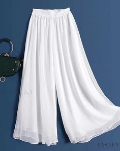 Lasaky - Womens Double-Layered Chiffon Wide-Leg Pants featuring Elastic Waist and High-Waisted Loose White/Black Flowy Palazzo Skirt Chiffon Pants, Womens Wide Leg Pants, White Chiffon, Pantalon Large, Long Style, Black White Pink, Ankle Length Pants, Type Of Pants, Dance Outfits