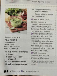 a recipe for pea pesto is shown in the newspaper, with instructions on how to make it