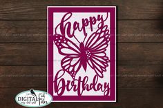 a card with the words happy birthday on it and a butterfly cut out in purple