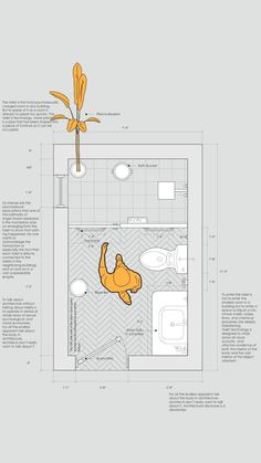 a drawing of a bathroom with an orange flower in the middle and floor plans below