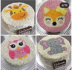 four different cakes decorated with animals on them