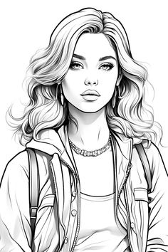 a black and white drawing of a woman with long hair, wearing a hoodie