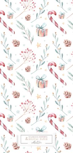 a watercolor christmas pattern with candy canes